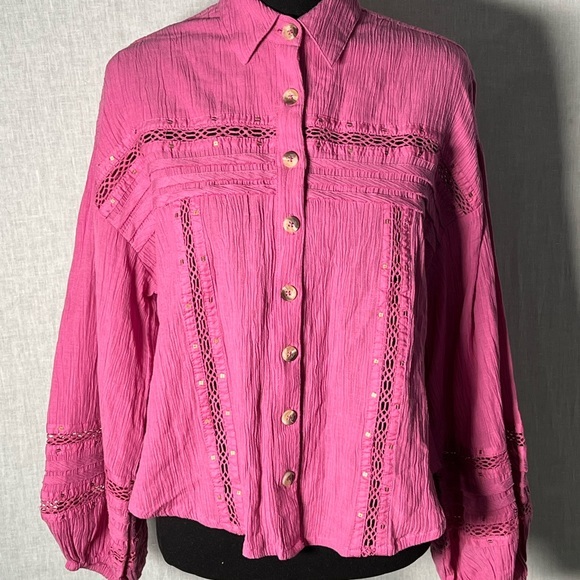 Free‎ People Button Up Pink Top- Cute Sleeves- XS - Picture 2 of 14